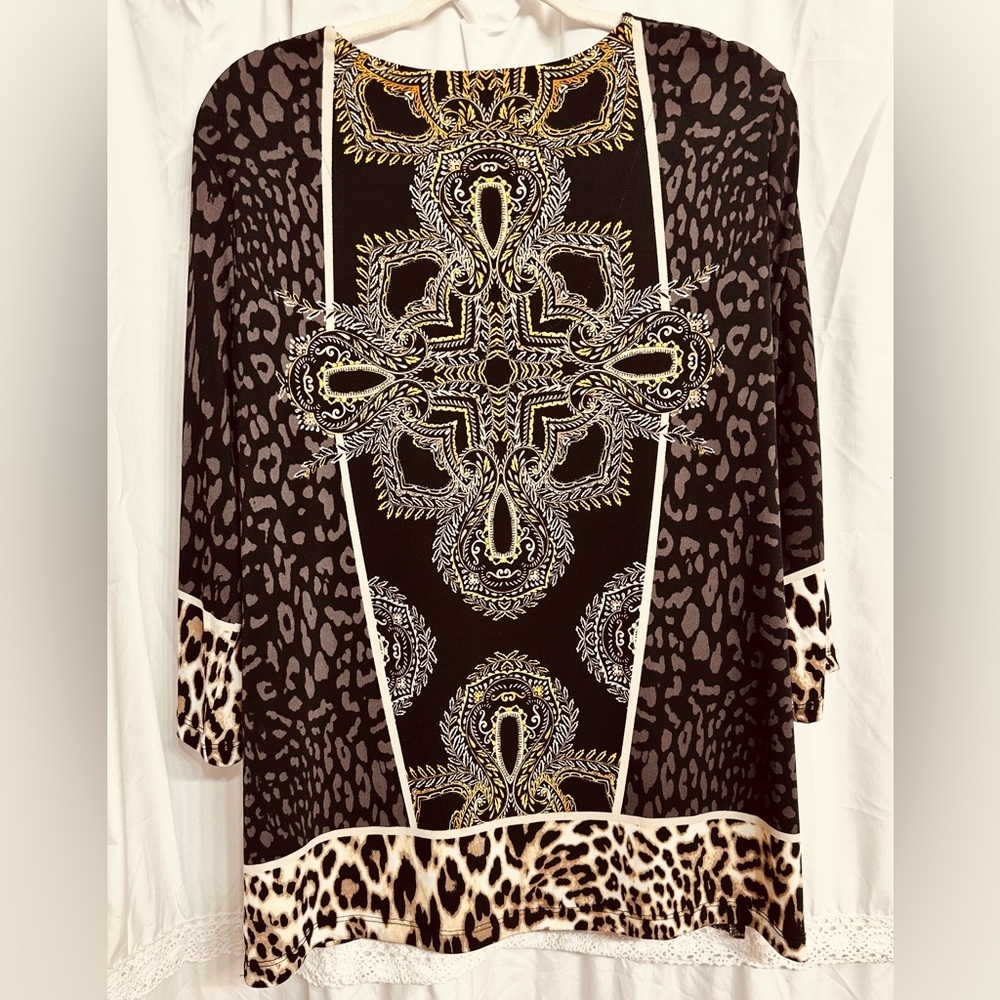 JM Collection Y2K Leopard-Panther Print w/Gold Chain Front Closure Blouse P/XL - Picture 9 of 11